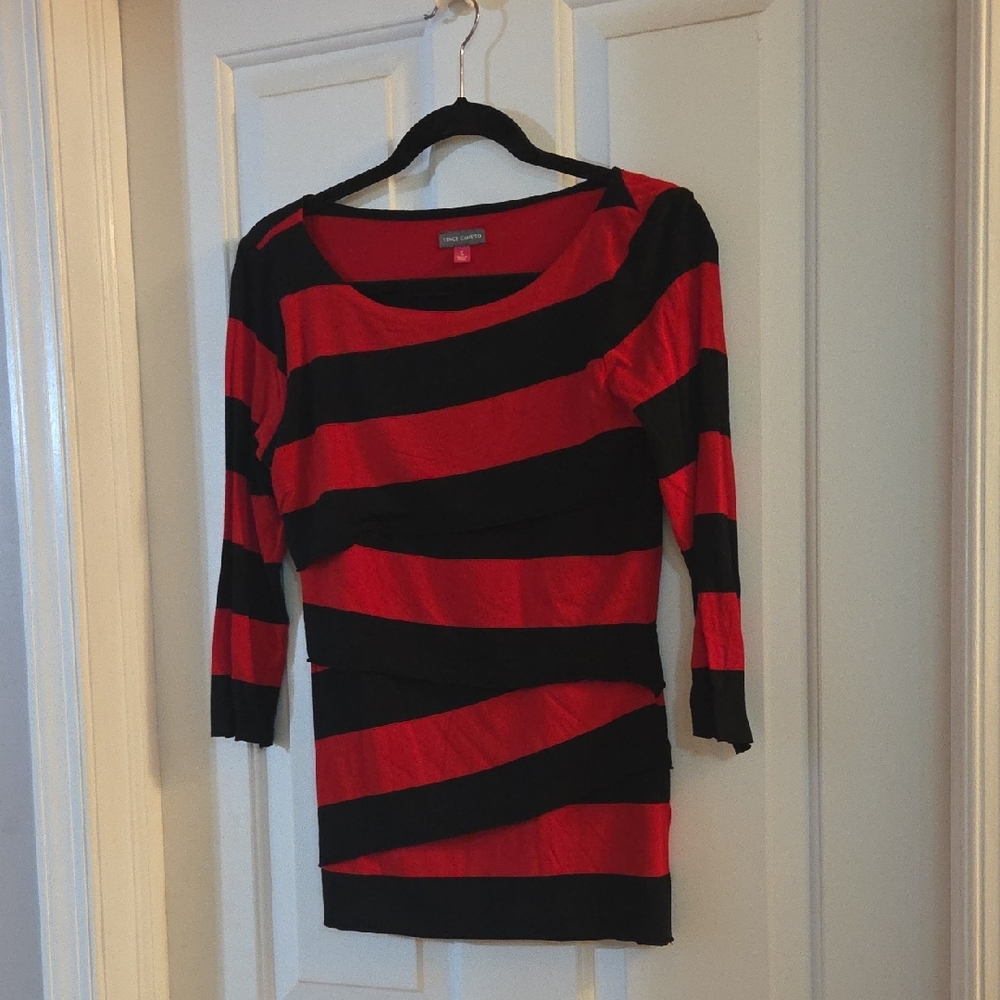 Vince Camuto Red and Black Striped Top With Layers  Small